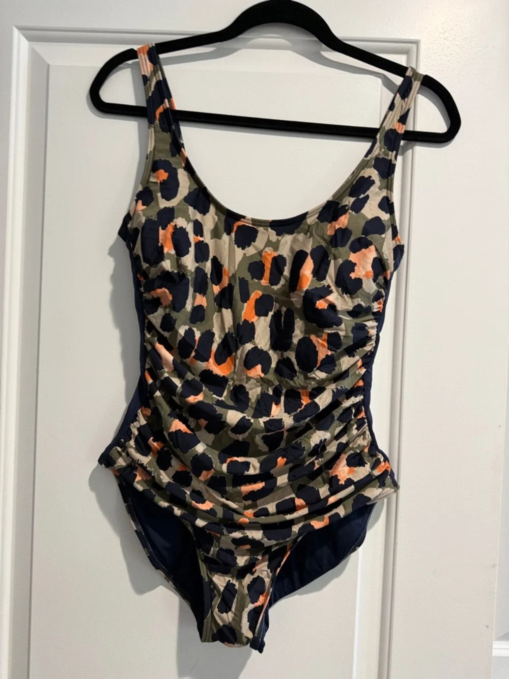 DKNY Leopard Print One-Piece Swimsuit in Navy, Olive & Coral - Picture 1 of 5